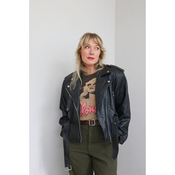 1990's Vintage Black Belted Motorcycle Jacket ~ Women's SM MD LG ~ 90's Biker - Picture 5 of 10